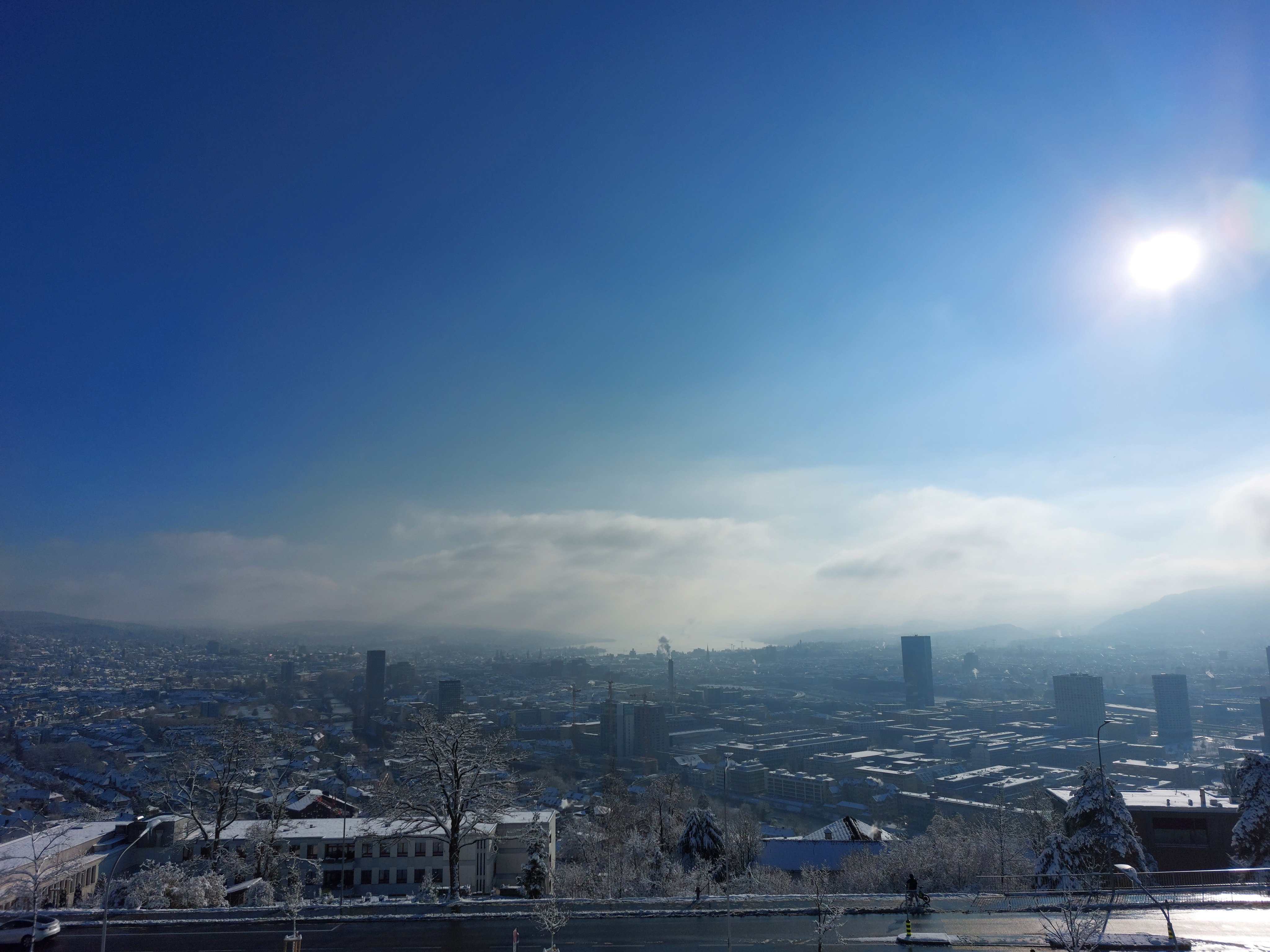 Downtown Zürich and alps with sun