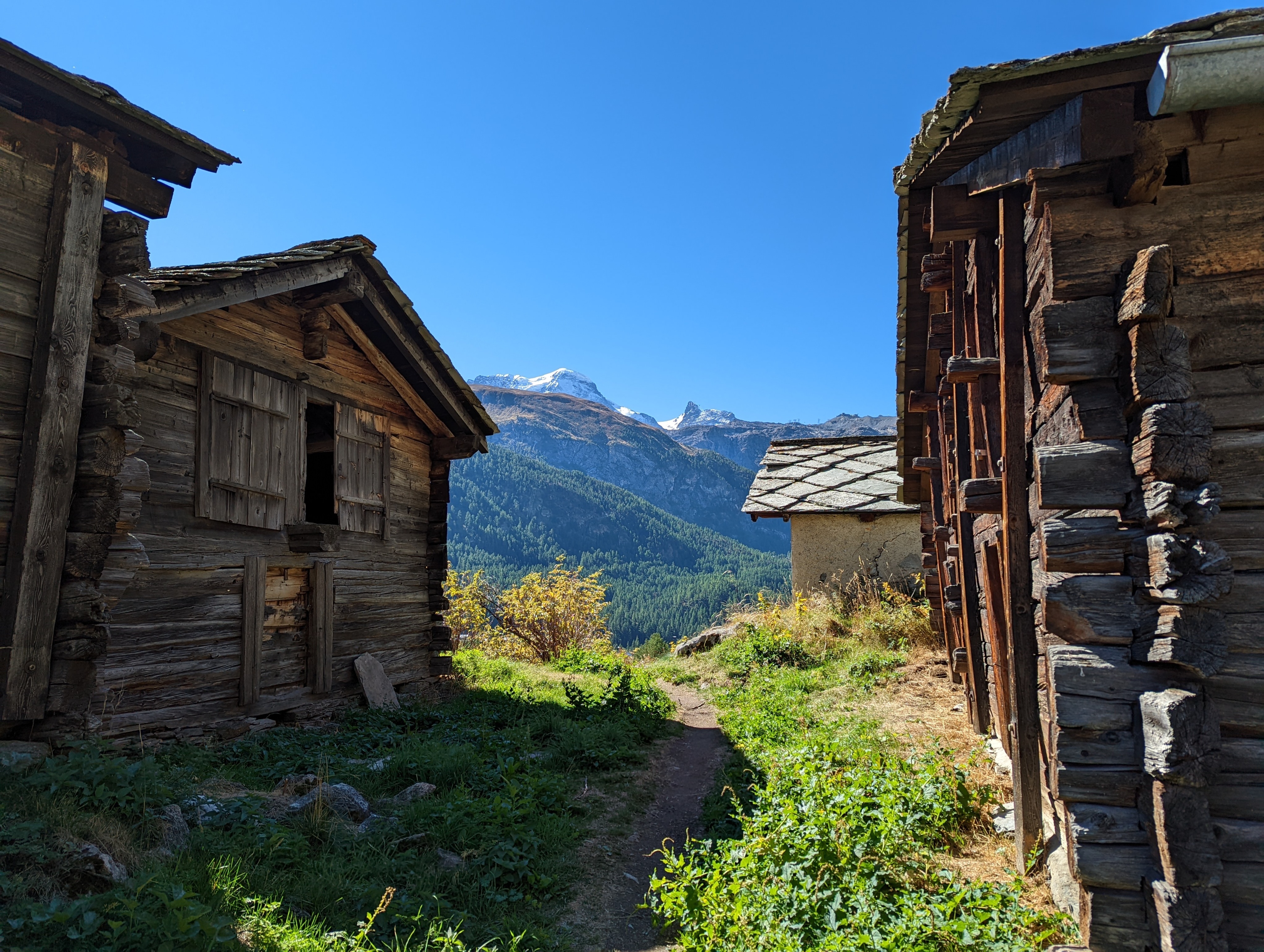 Huts above Zermatt with Monte Rosa peaking out over Sunnegga