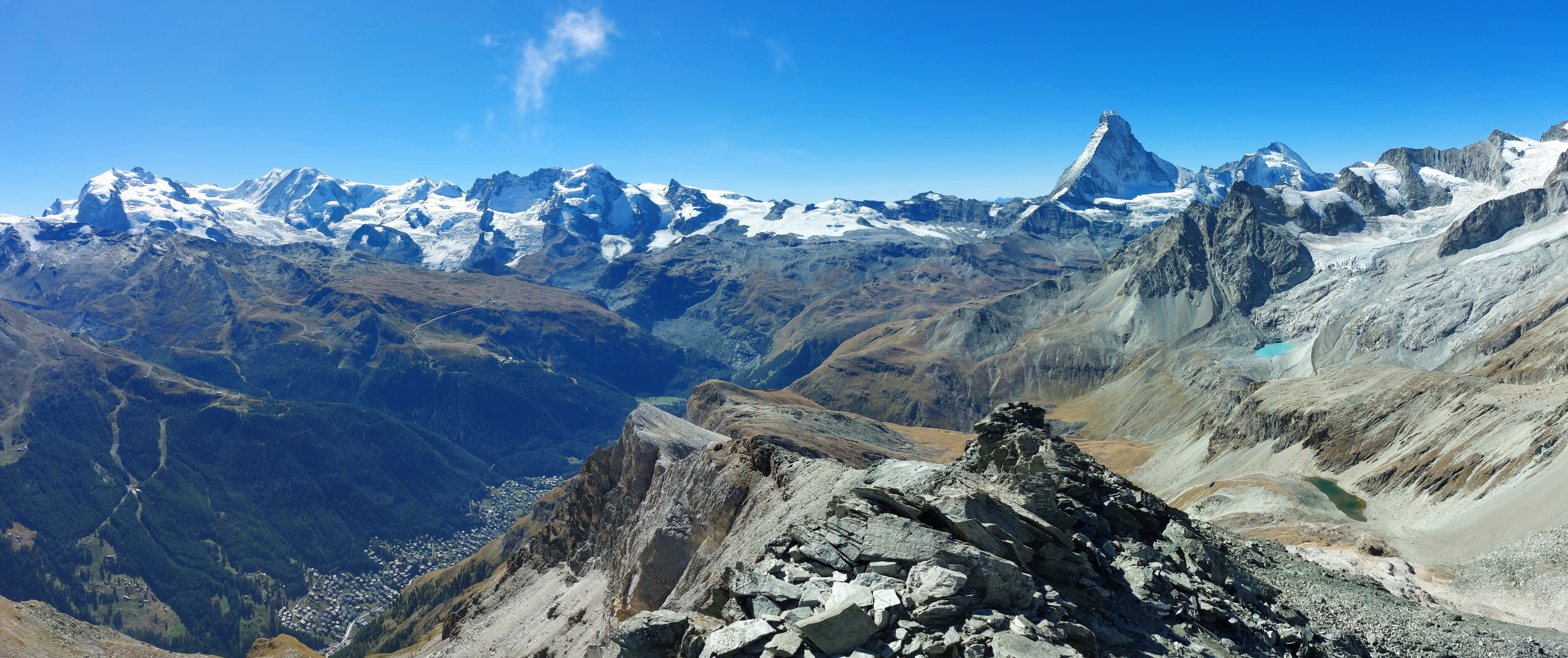 Summit view of Platthorn, Zermatt, Matterhorn, and Monte Rosa all visible