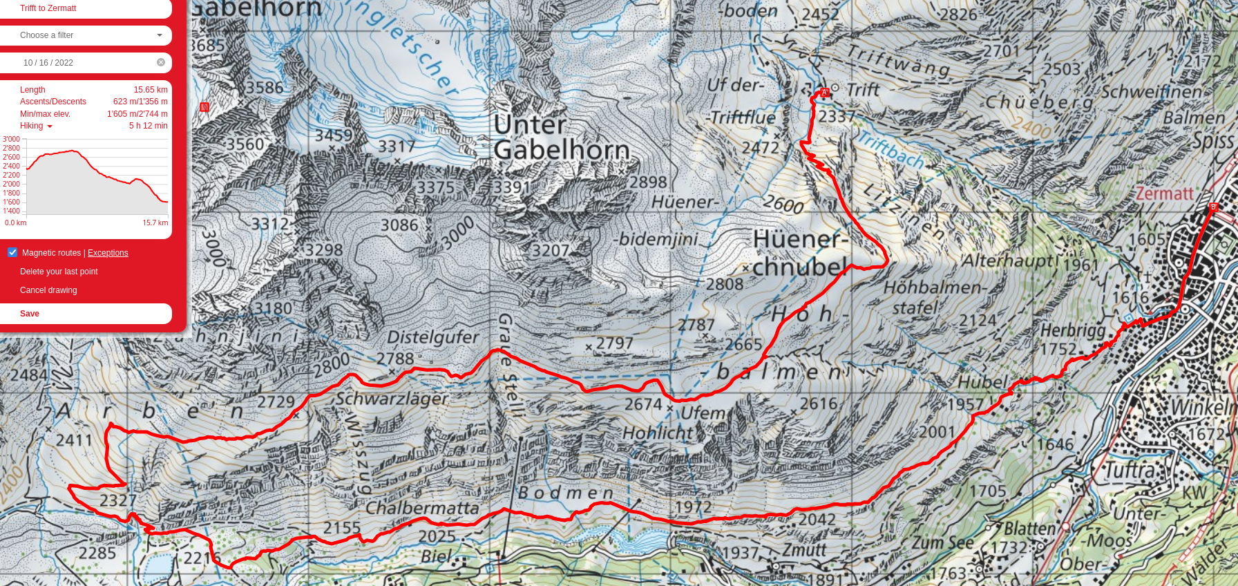 Berggasthaus Trift to Zermatt route map