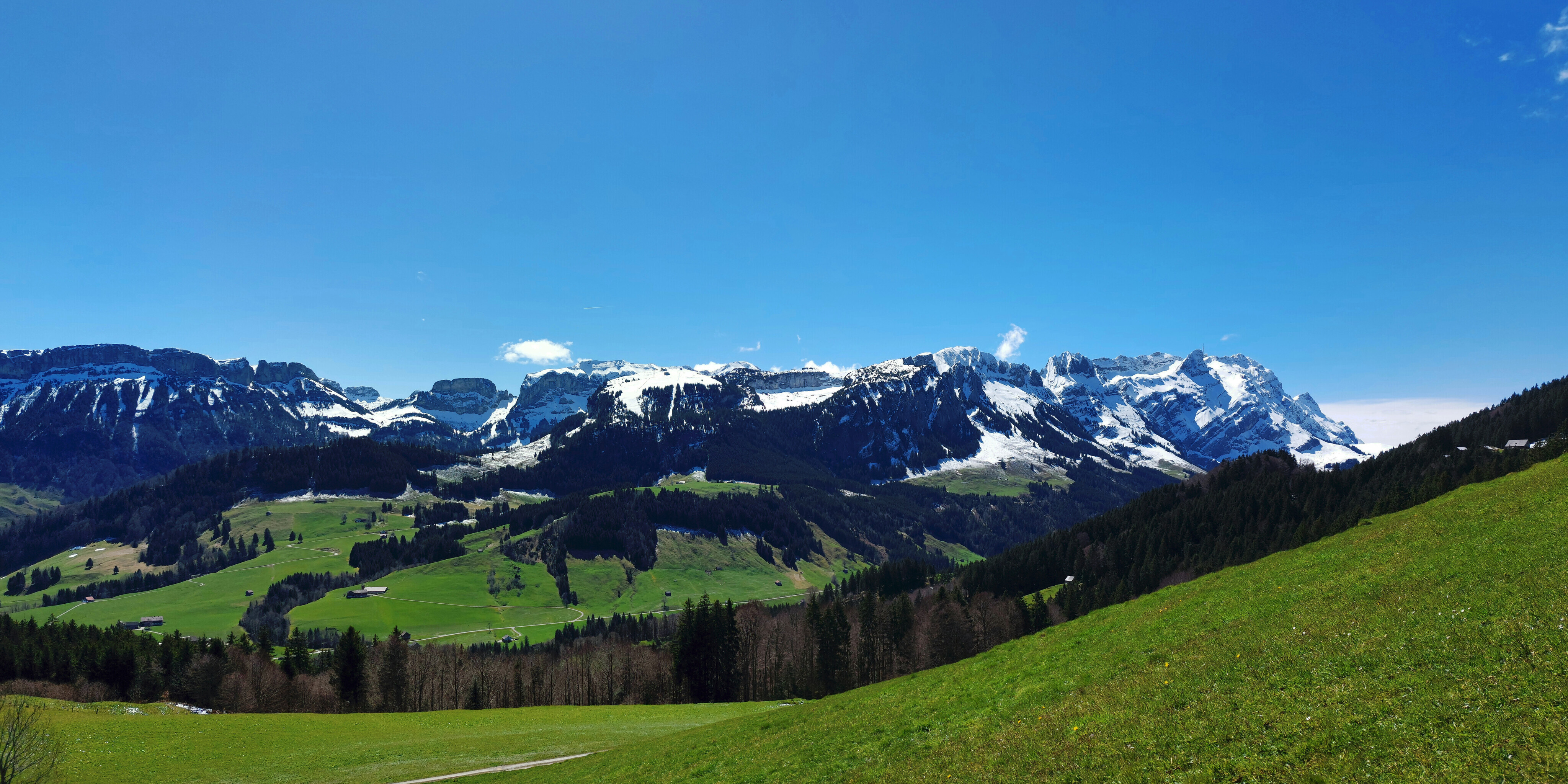 Säntis covered in snow, green fields, and blue skies