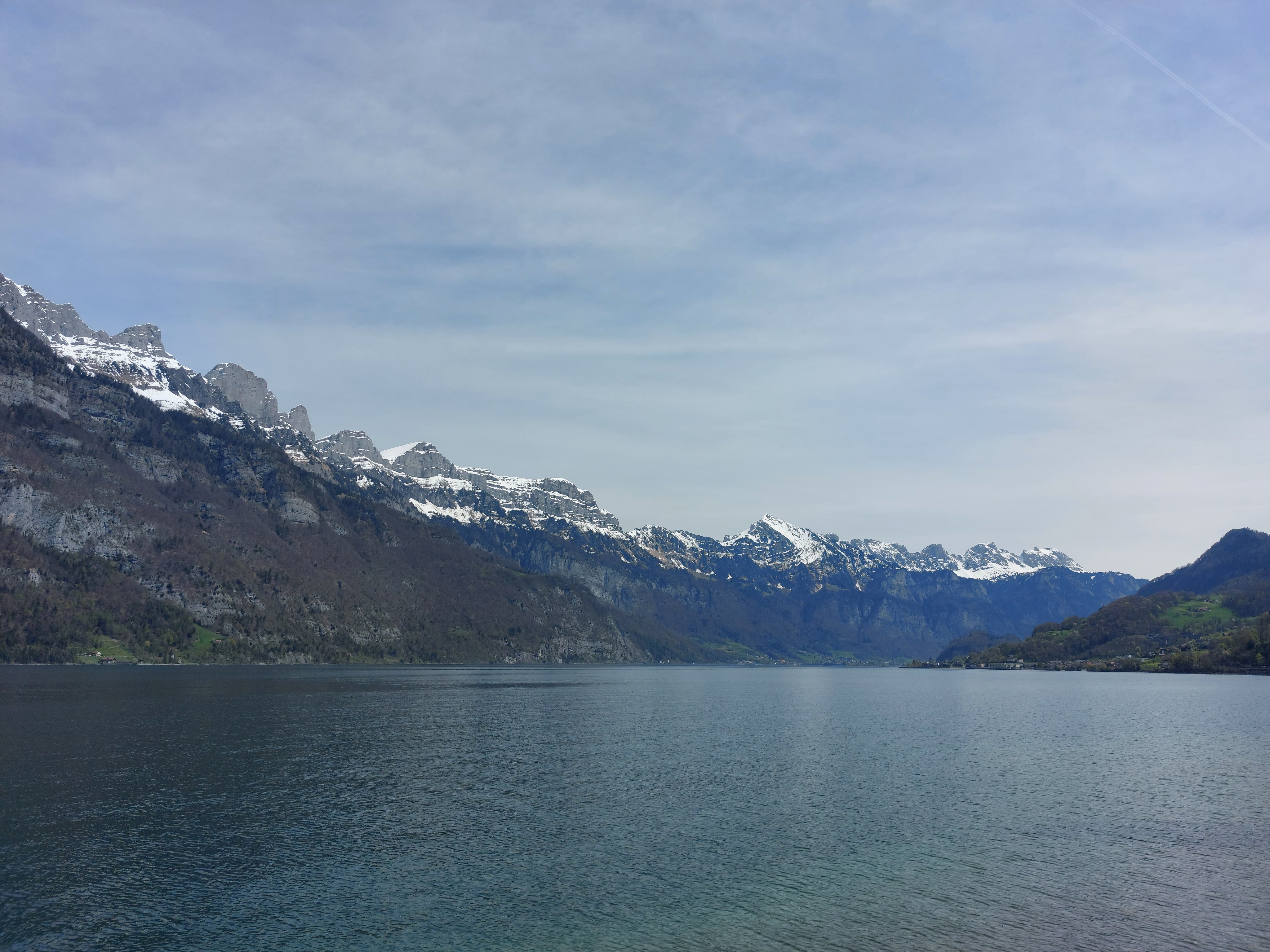 Looking east from Murg towards Walenstadt, glacier-carved mountains behind the lake