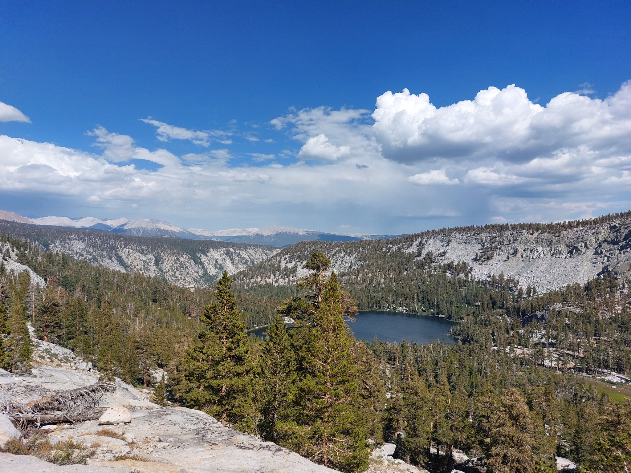 Lake surrounded by trees, bare peaked domed mountains in the background