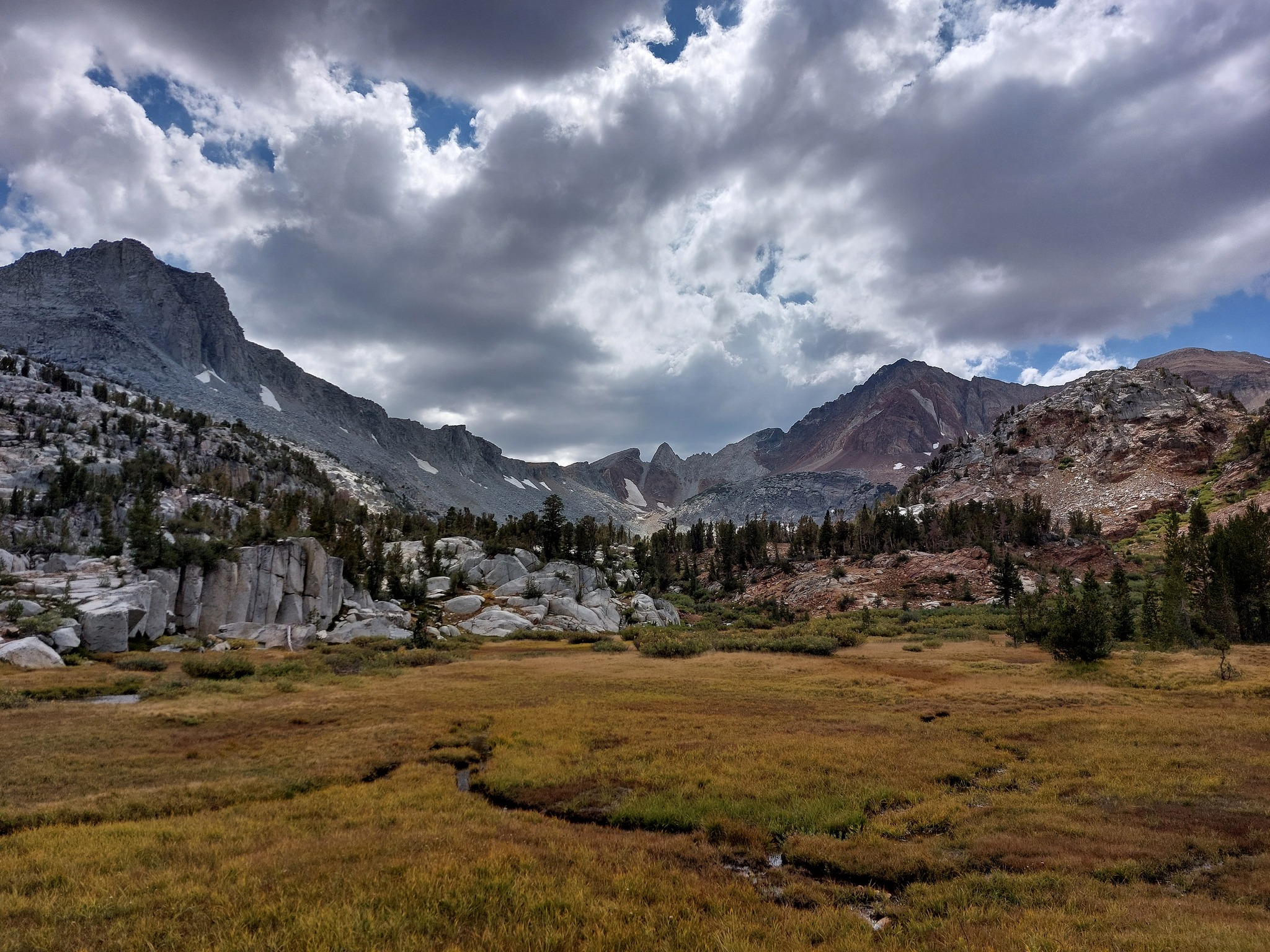 Meadow below Big McGee Lake, Red White Mountain in background